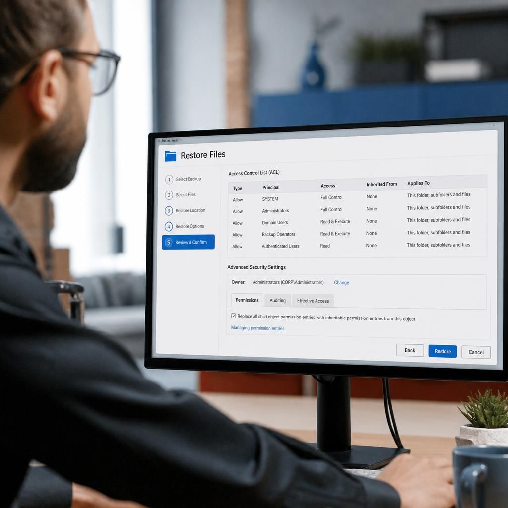 File restore screen showing access control lists and ownership settings