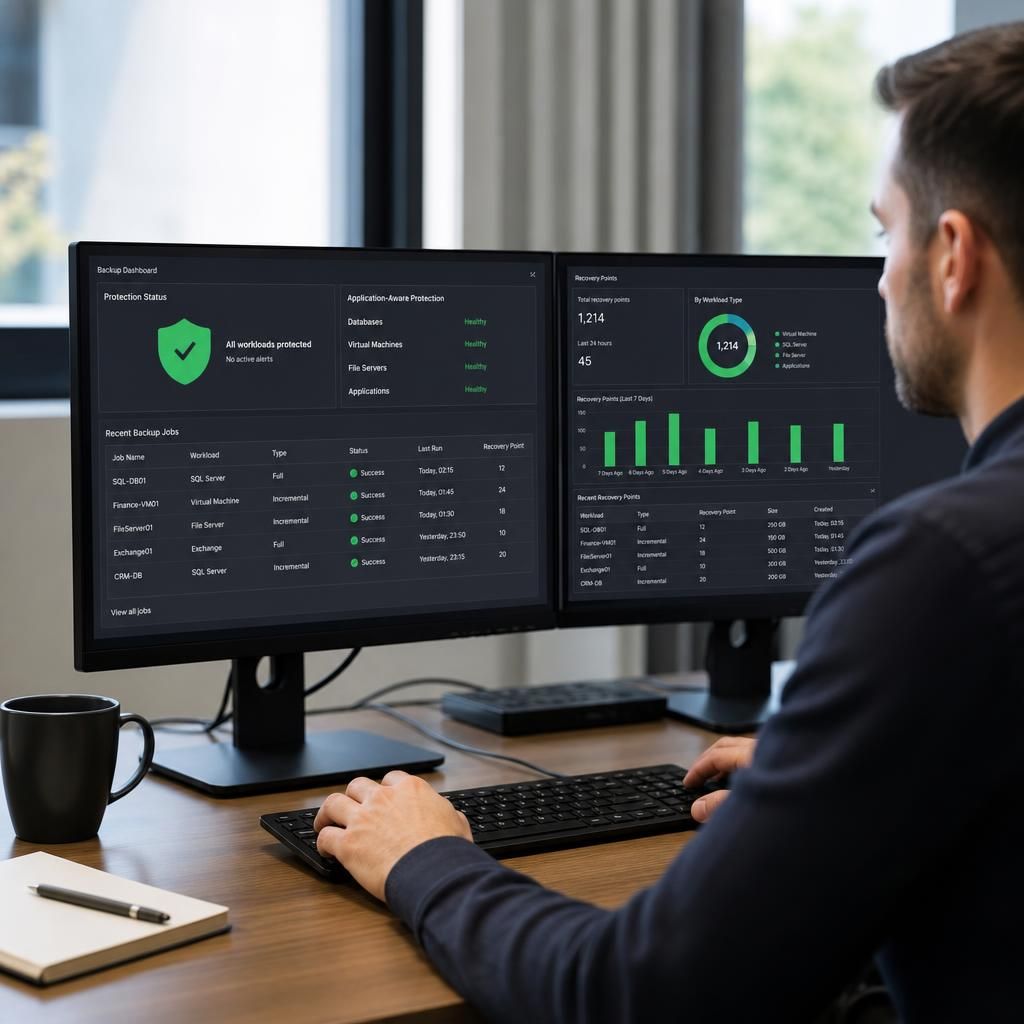Backup dashboard showing application-aware protection status and recovery points