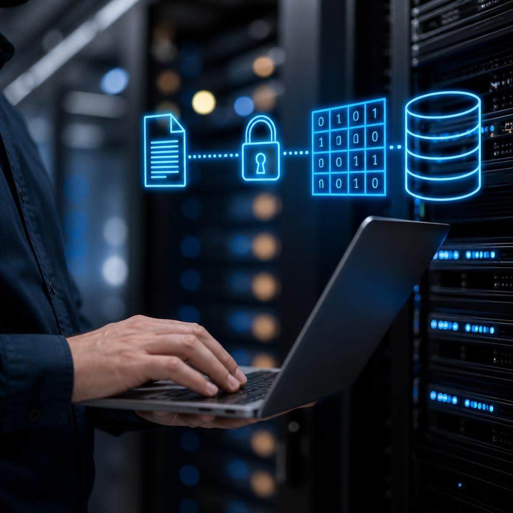 Diagram showing backup data converted into encrypted blocks before being stored in a repository
