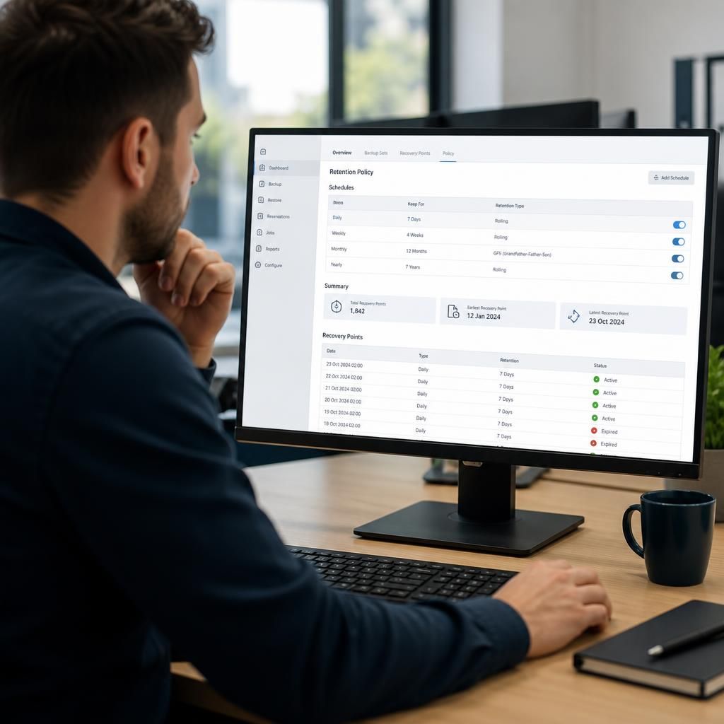 Backup retention policy settings showing recovery point schedules and expiry rules