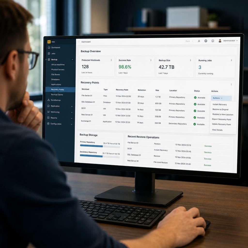 Backup management dashboard showing recovery points, retention dates and restore options