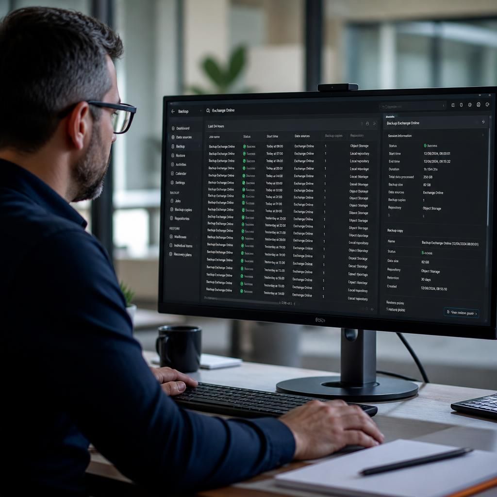 Administrator reviewing email backup records in a management console