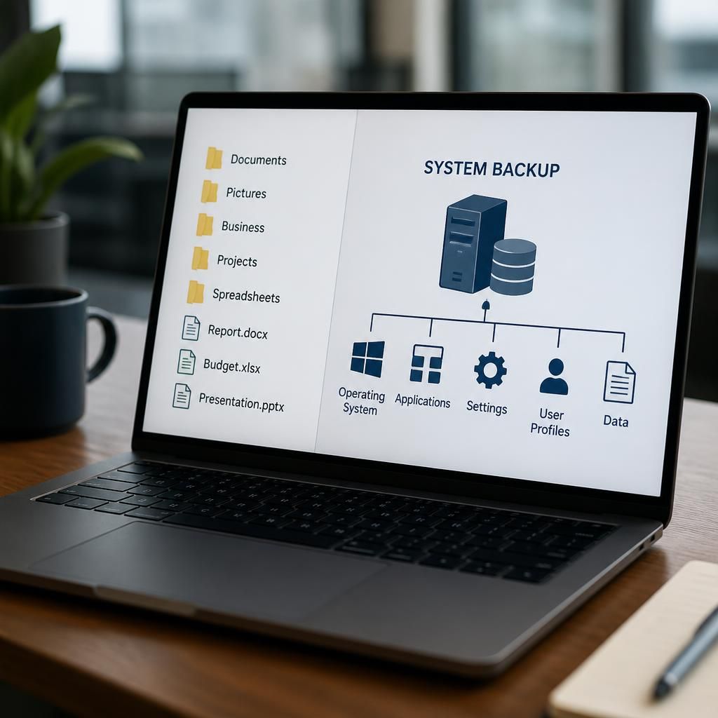 Laptop screen showing individual file folders beside a full system backup diagram