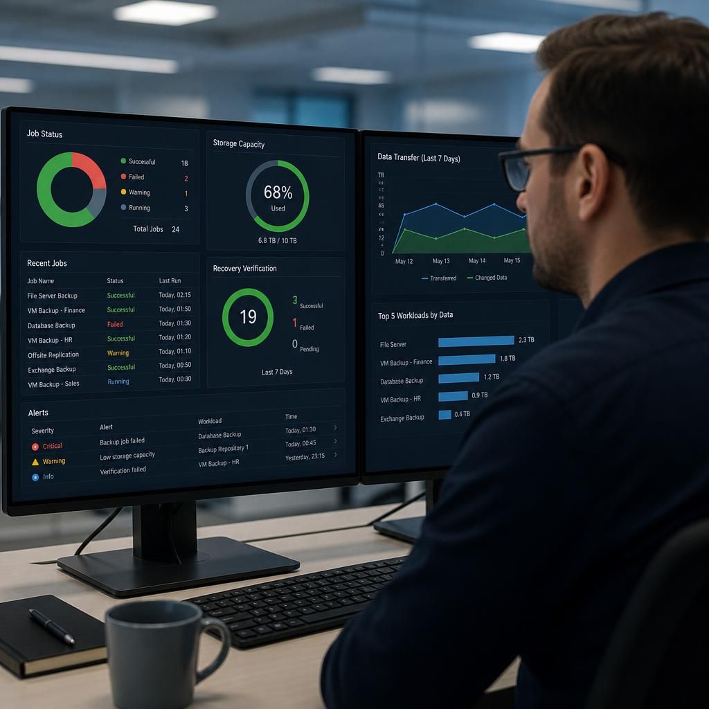 Backup dashboard showing job status, storage capacity and recovery verification results