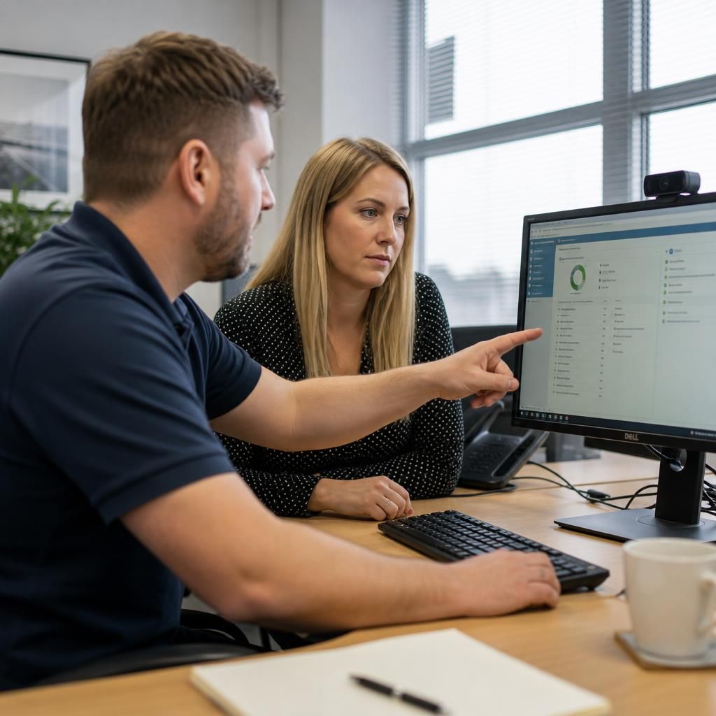IT specialist reviewing backup software settings on a computer with a colleague