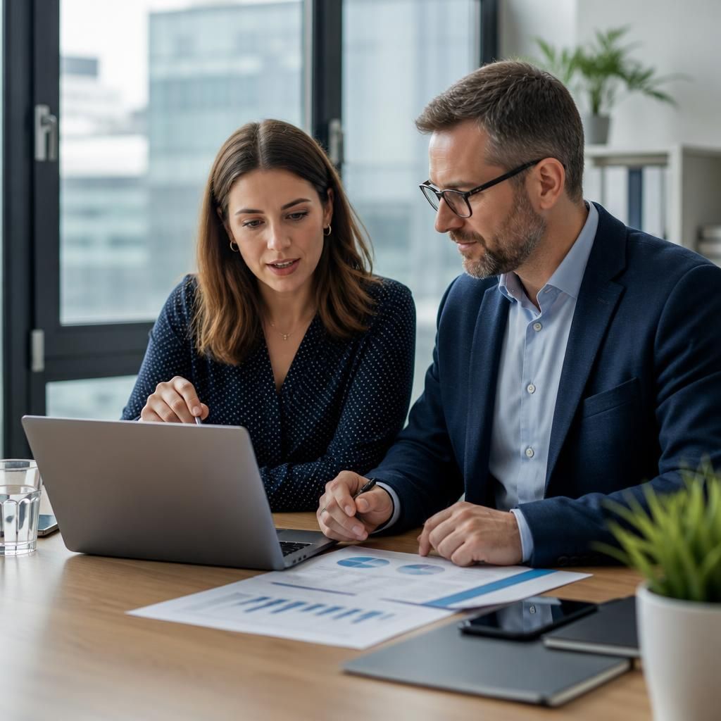 Professional services team reviewing documents and business data on a laptop