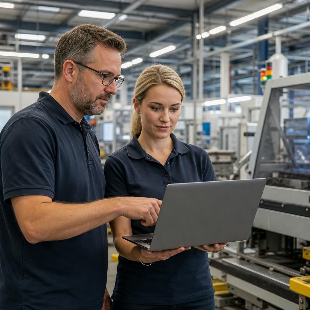 Manufacturing staff reviewing operational information beside production equipment