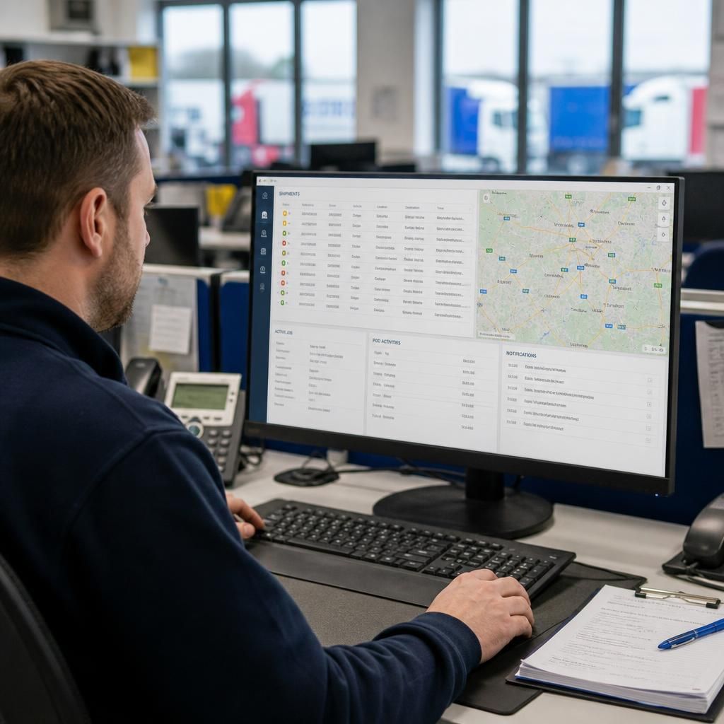 Logistics team member checking transport information on a computer