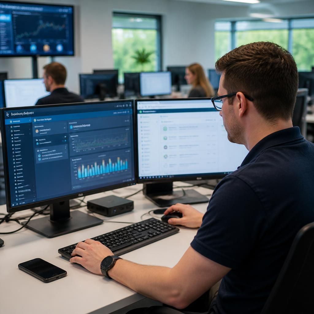 Staff member working at a computer in a multi-site business office