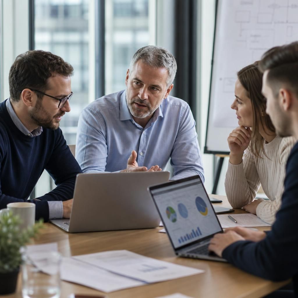 Growing organisation team discussing business systems around a desk