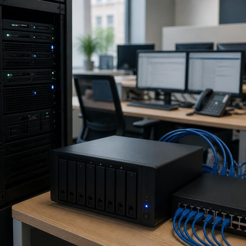 Local backup server and network storage appliance connected to office computers