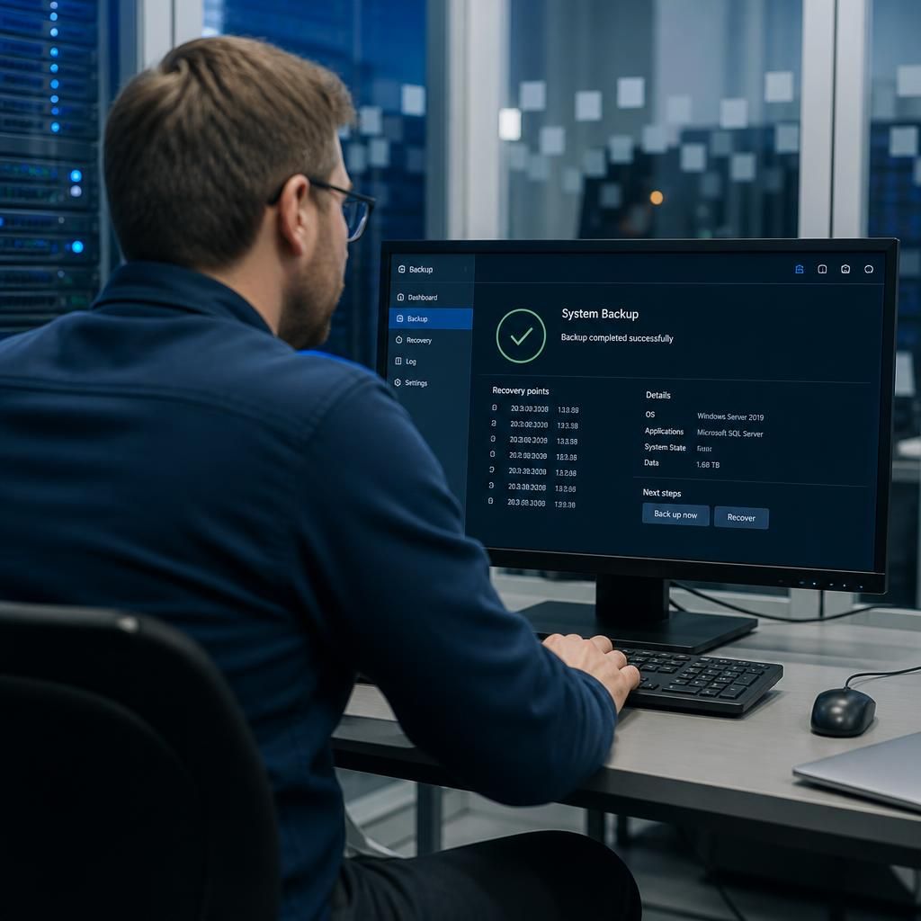 Technician reviewing a full system backup on a computer screen