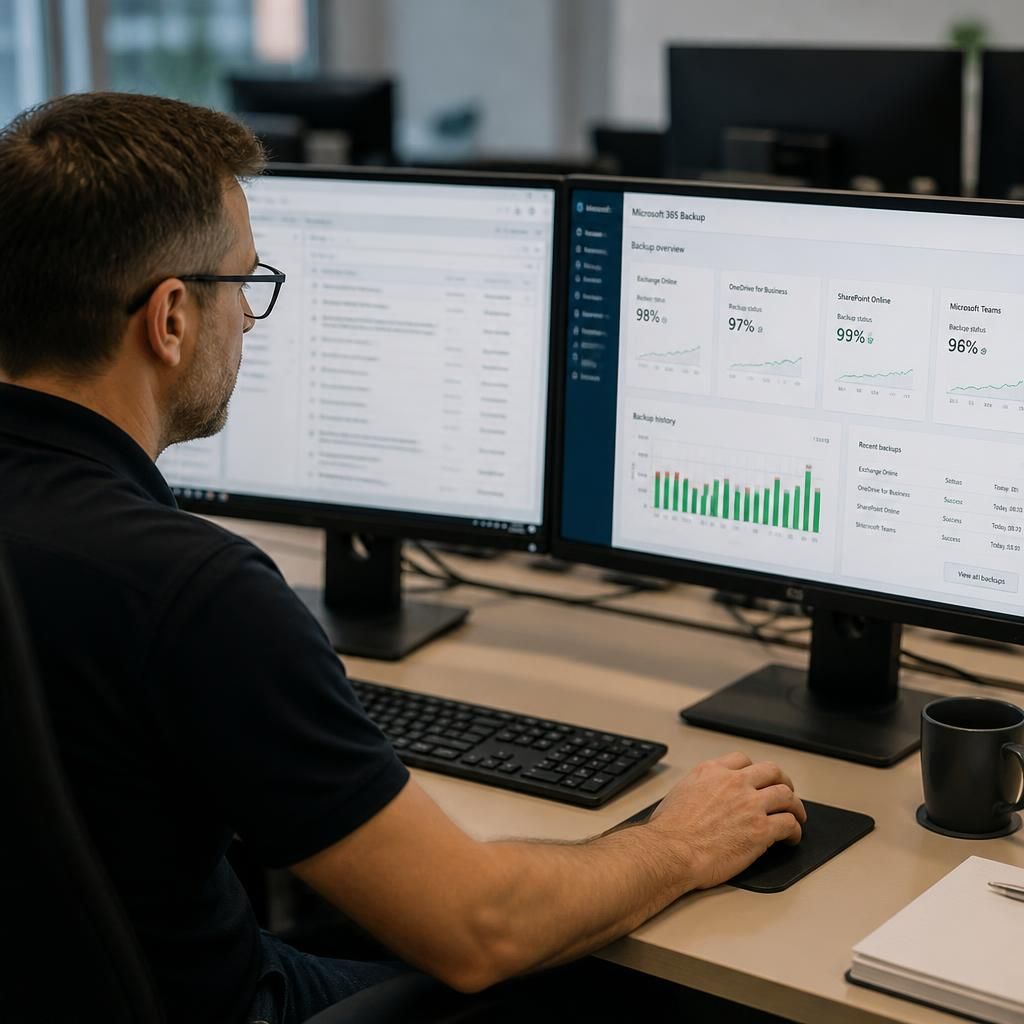 Administrator reviewing Microsoft 365 email, file and Teams backup records on a dashboard