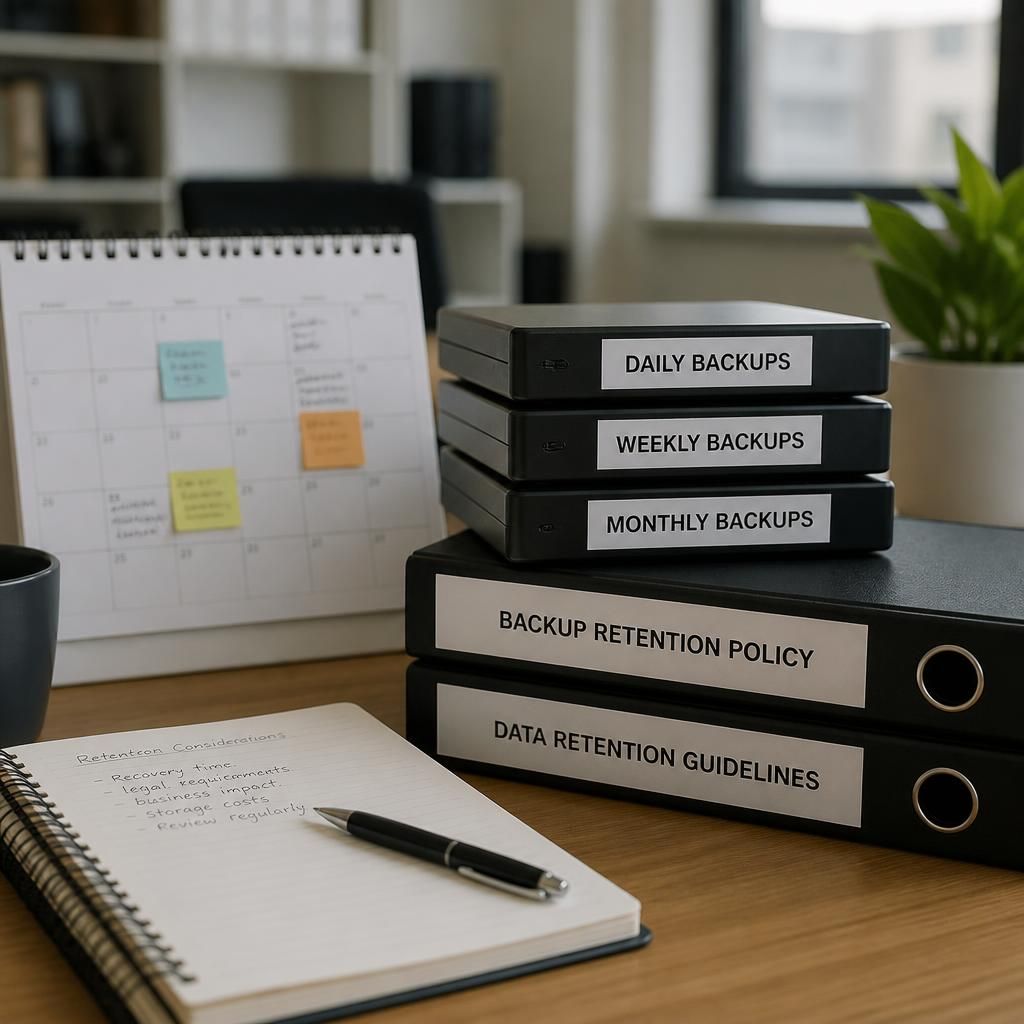 Calendar beside labelled backup storage folders and data retention notes
