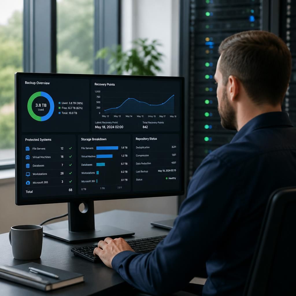 Backup storage dashboard showing capacity, recovery points and protected systems