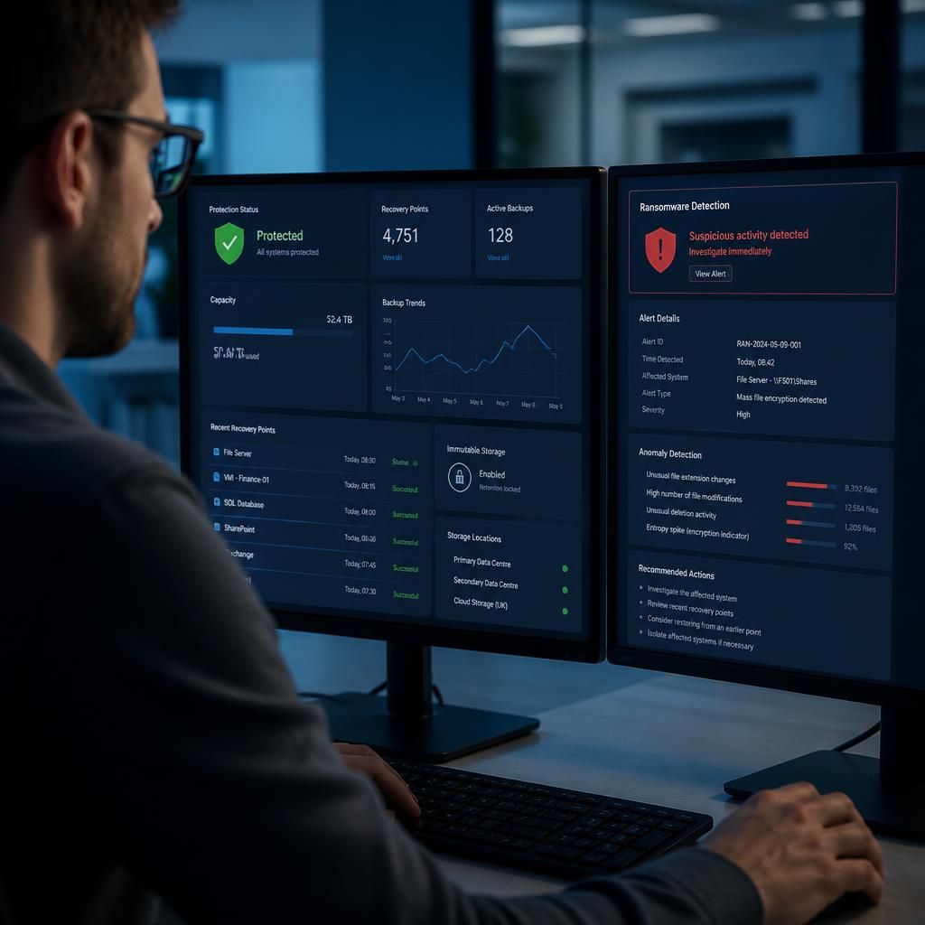 Backup console showing isolated recovery points and ransomware detection alerts