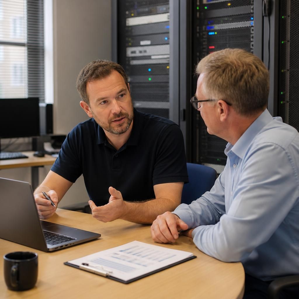IT professional discussing data protection with a business client