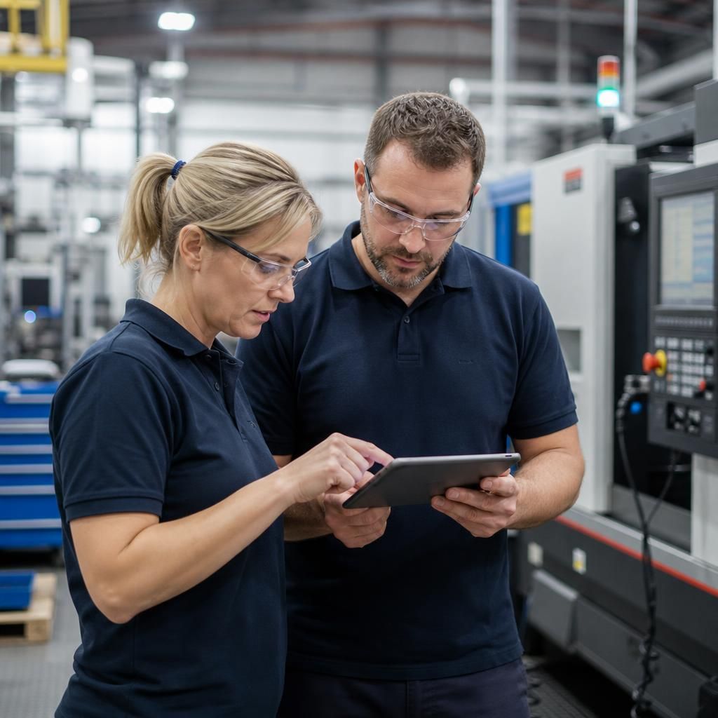 Manufacturing staff reviewing operational systems and data protection