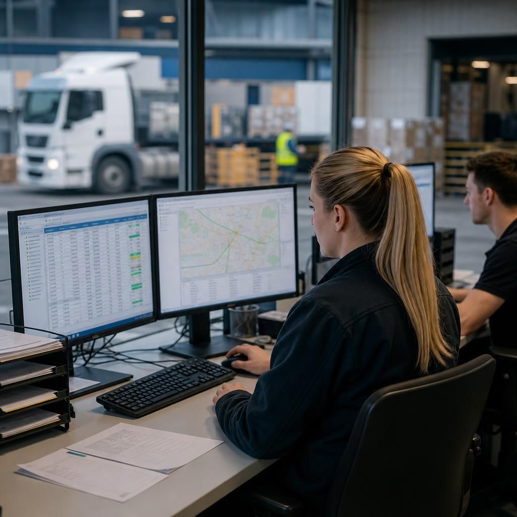 Logistics team using computers to manage business operations