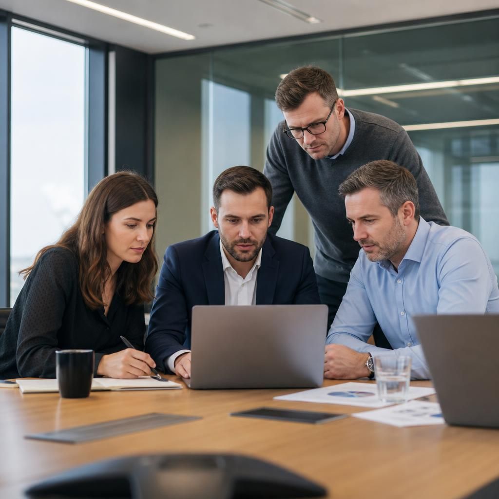 Staff from a business with several sites reviewing data protection plans