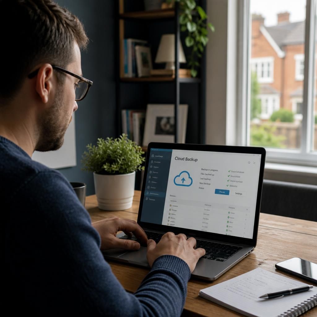Remote worker using a laptop with cloud backup software open
