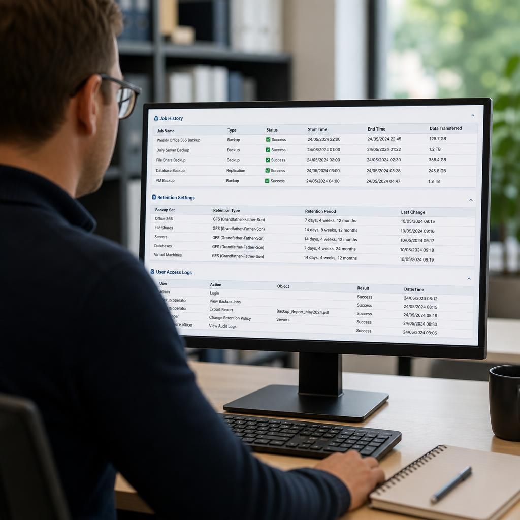 Cloud backup audit report showing job history, retention settings and user access logs