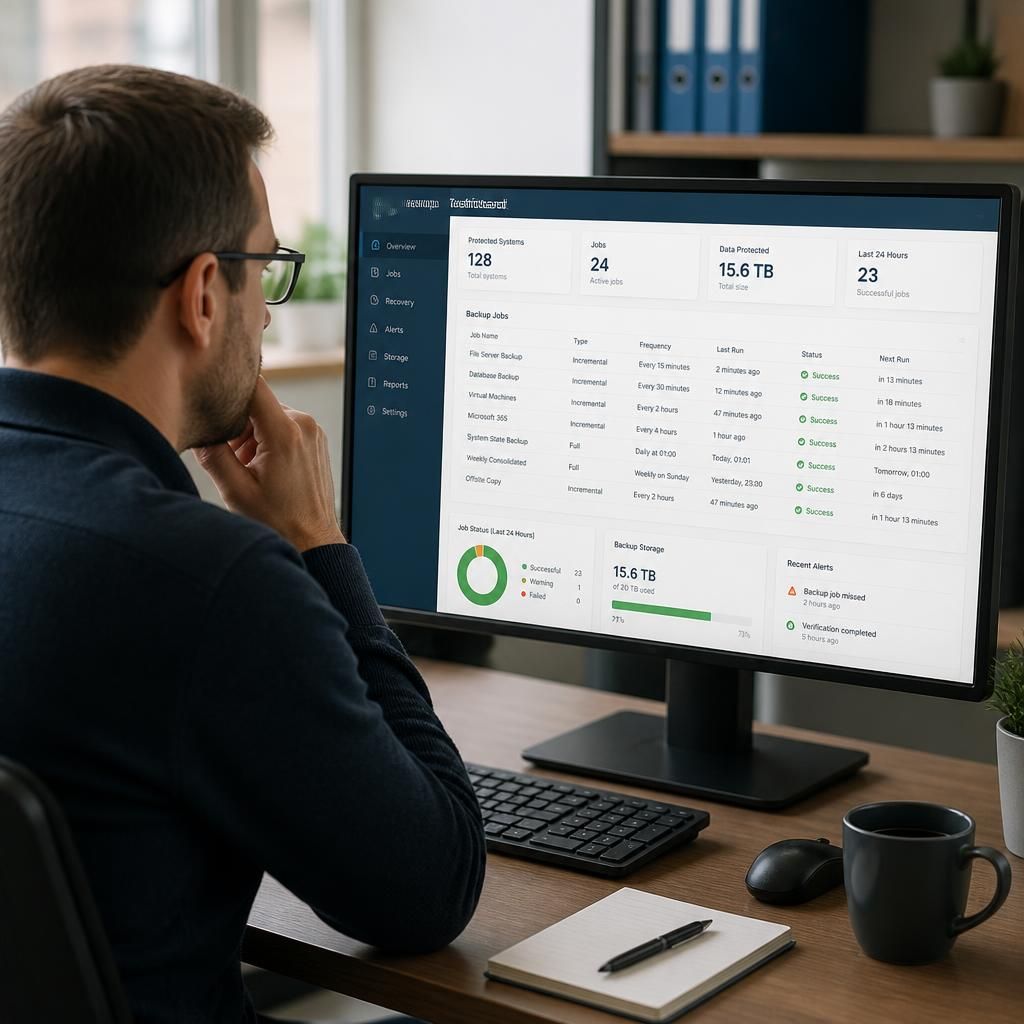 Cloud backup dashboard showing scheduled jobs for business systems