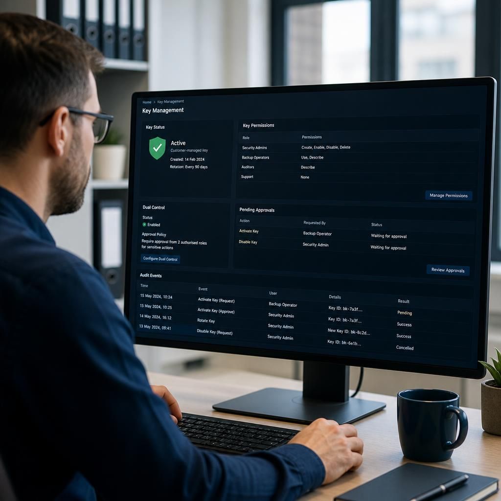 Cloud backup key management dashboard showing encryption permissions and audit events