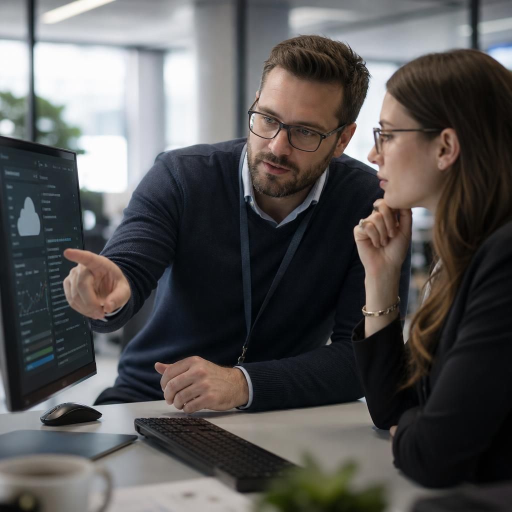 IT specialist reviewing backup systems on a computer with a colleague
