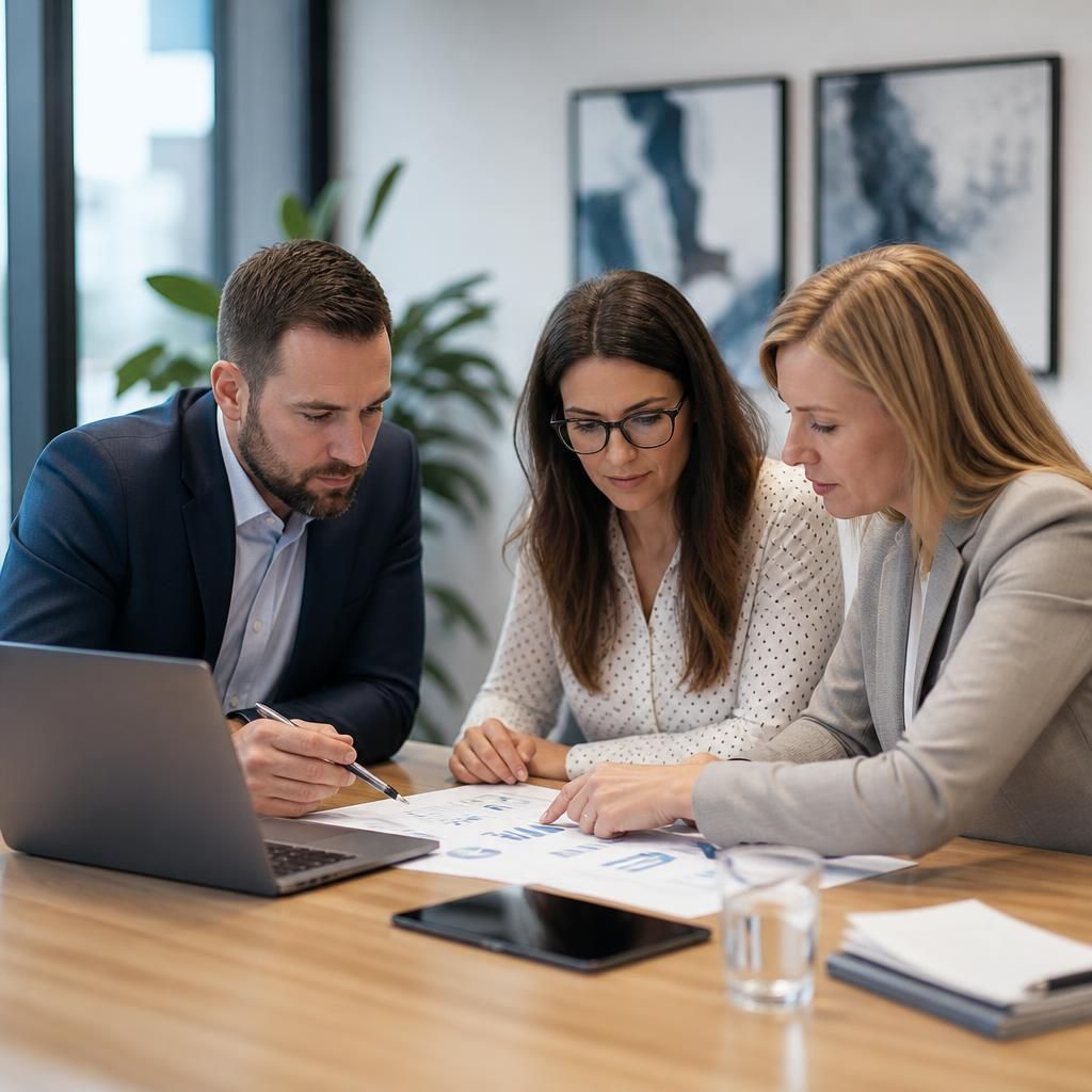 Professional services team reviewing business documents and cloud data