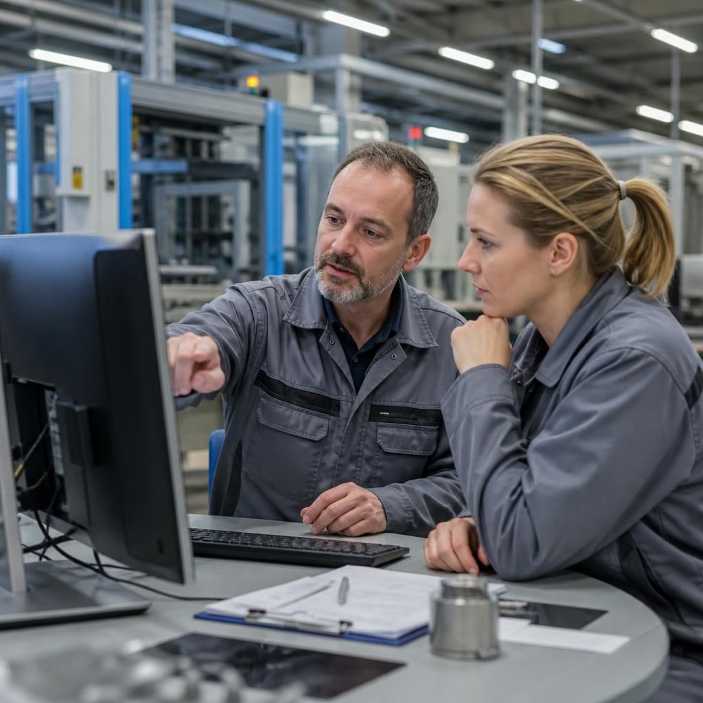 Manufacturing team reviewing operational information on a workstation