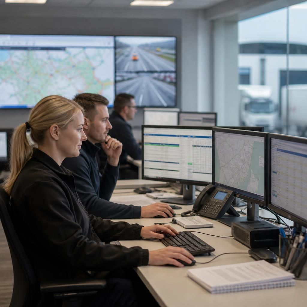 Logistics team using computers to manage transport and delivery information