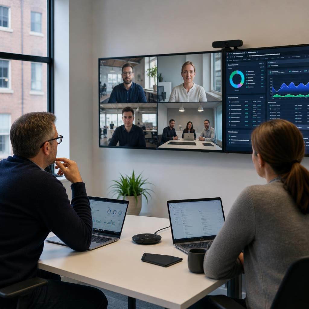 Team members collaborating across multiple business locations