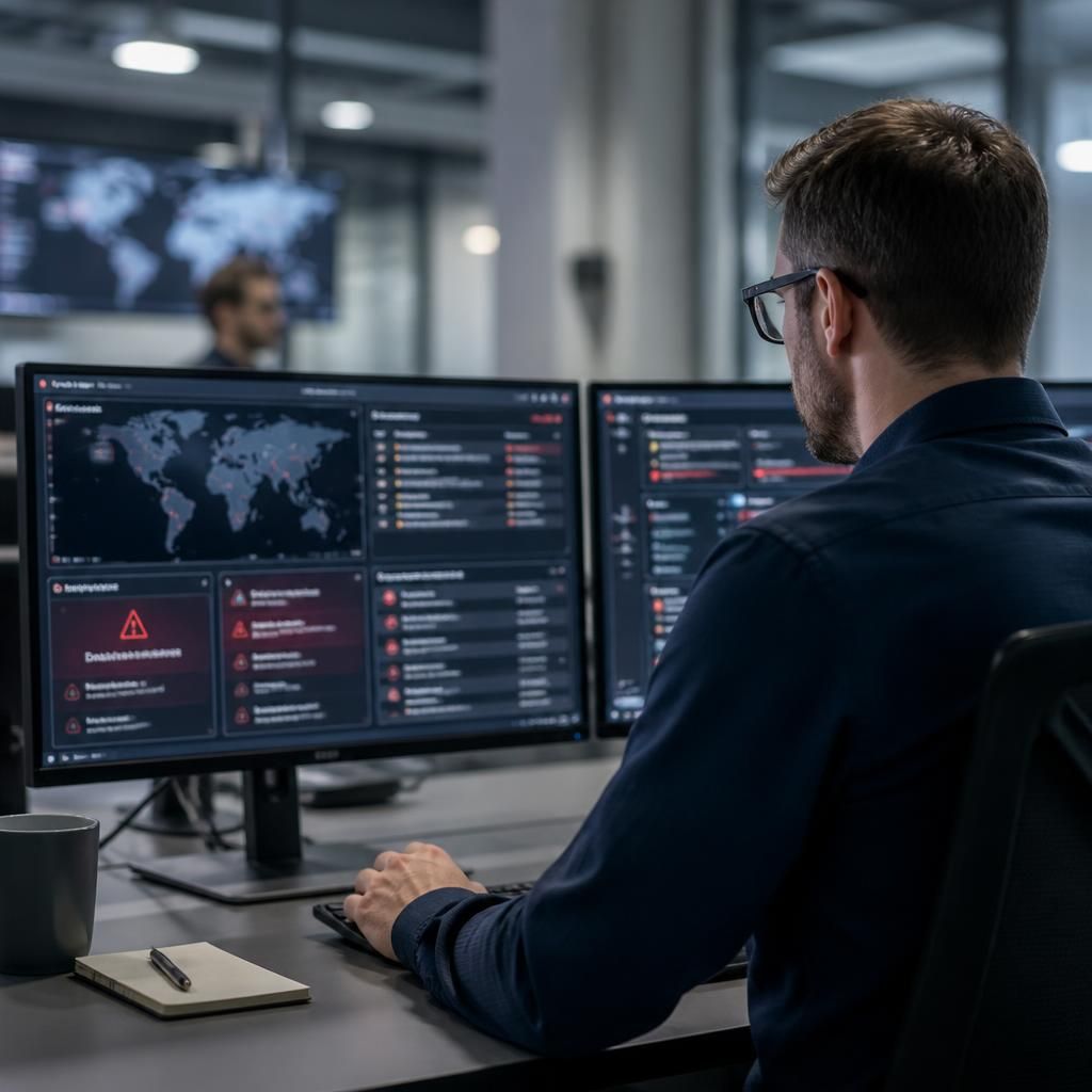 Security analyst reviewing ransomware alerts on a computer dashboard