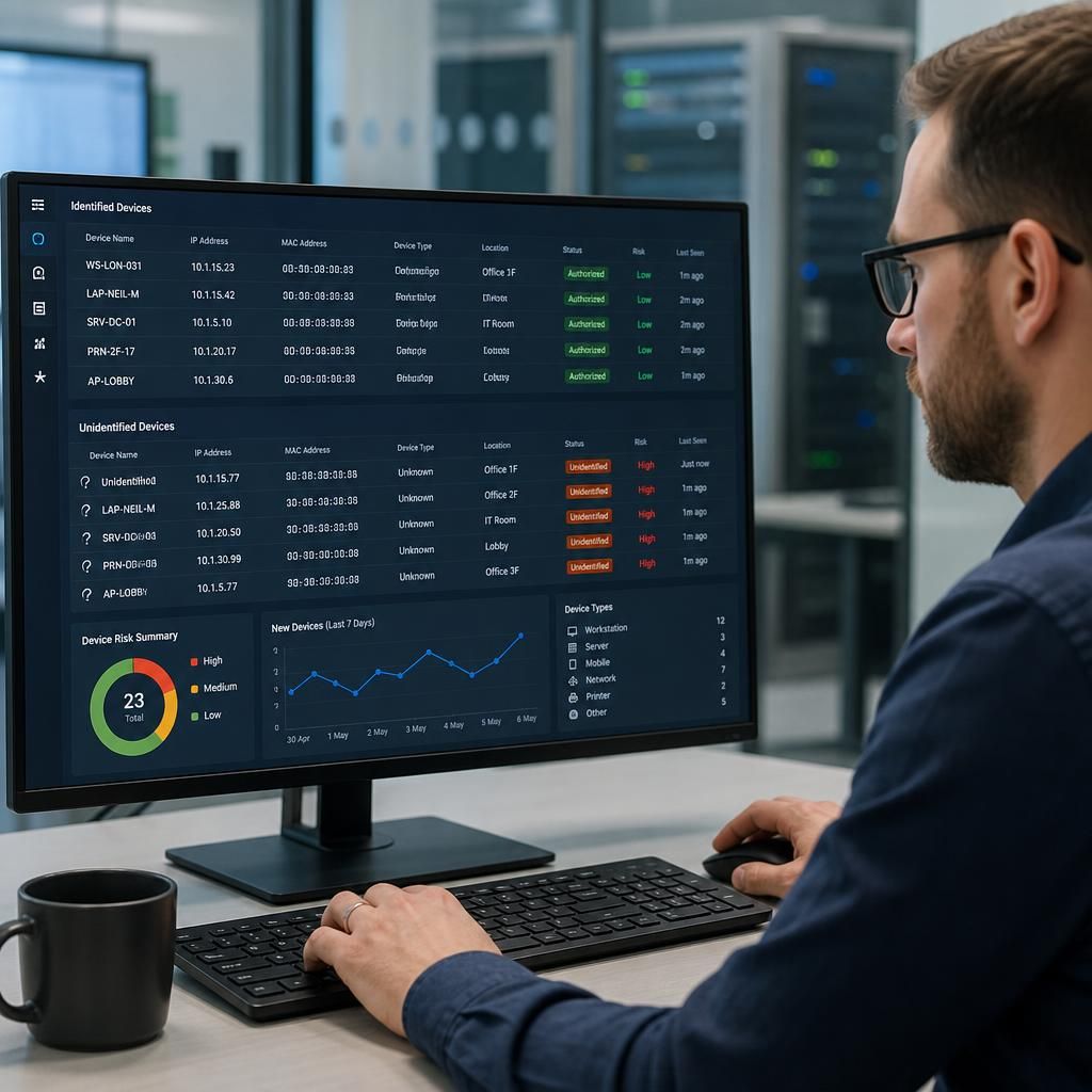 Network dashboard listing identified and unidentified devices connected to a business network