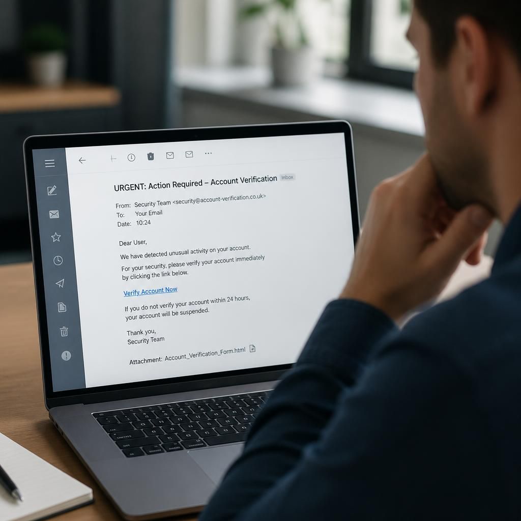 Email inbox displaying a suspicious message with a misleading link and attachment