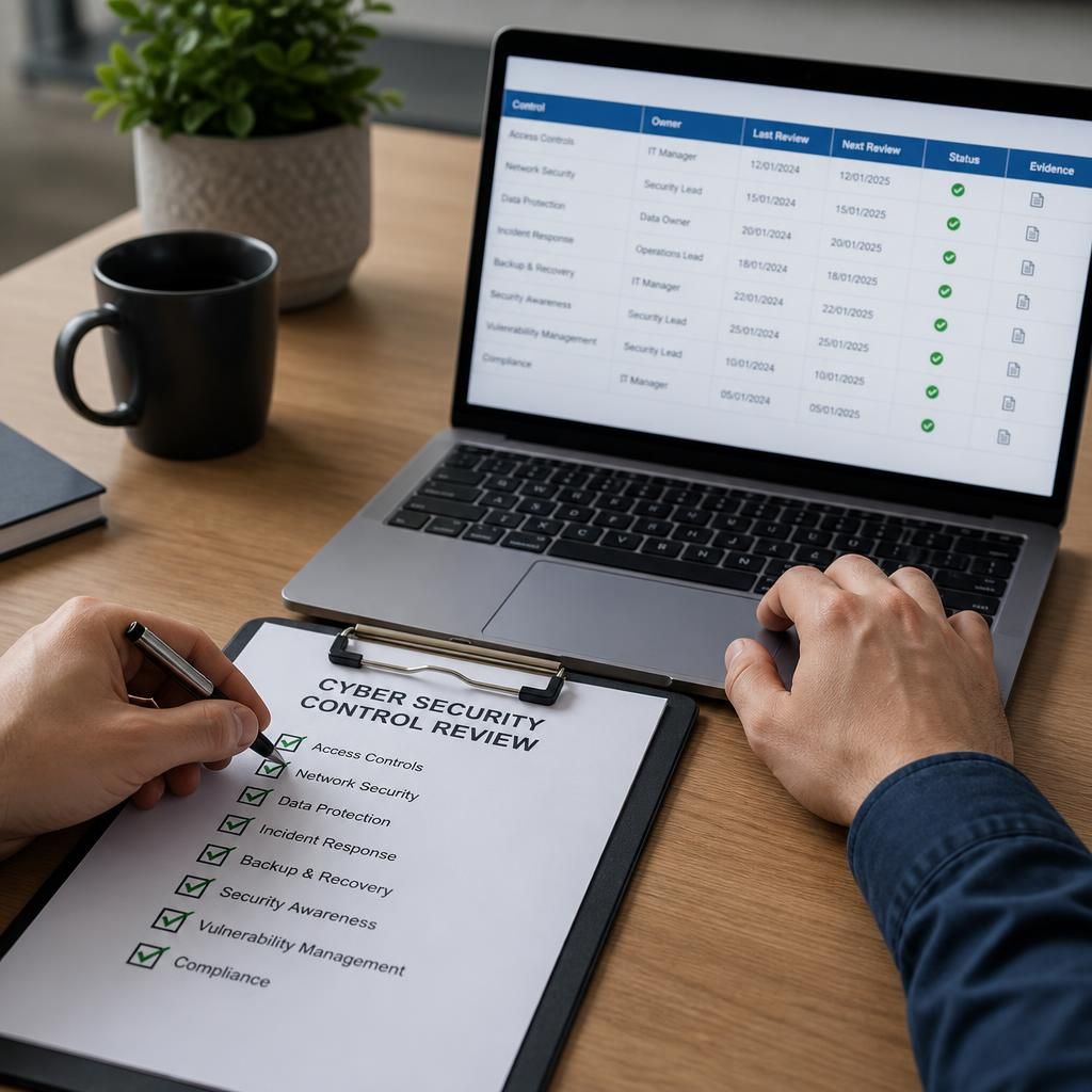 Cyber security checklist beside a laptop displaying control review records