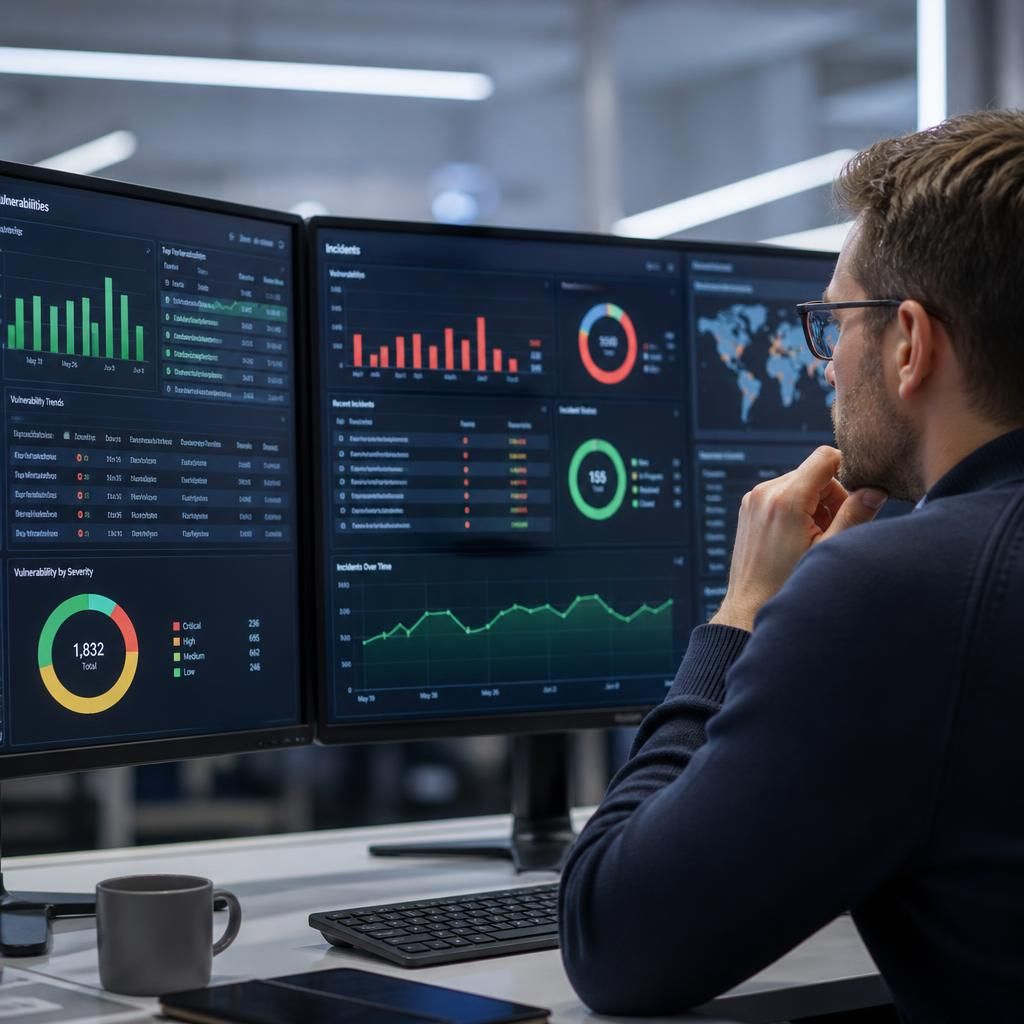 Cyber security dashboard showing vulnerability, incident and response metrics
