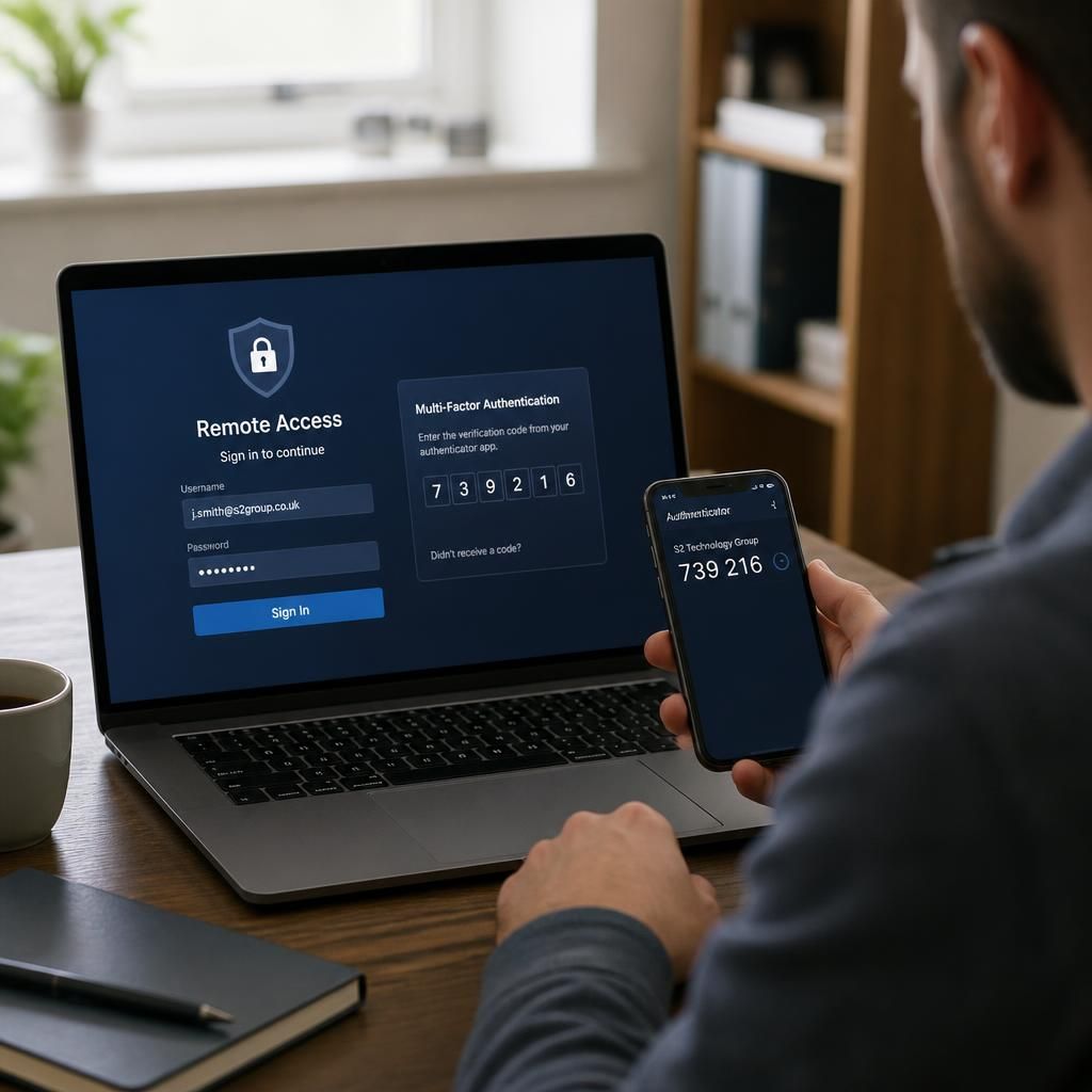 Laptop showing a remote access login screen with a multi-factor authentication prompt