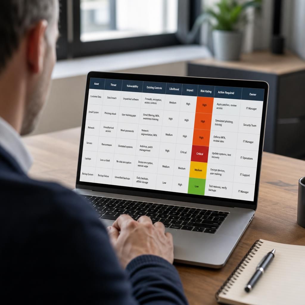 Cyber security risk register showing threats, controls and priority ratings
