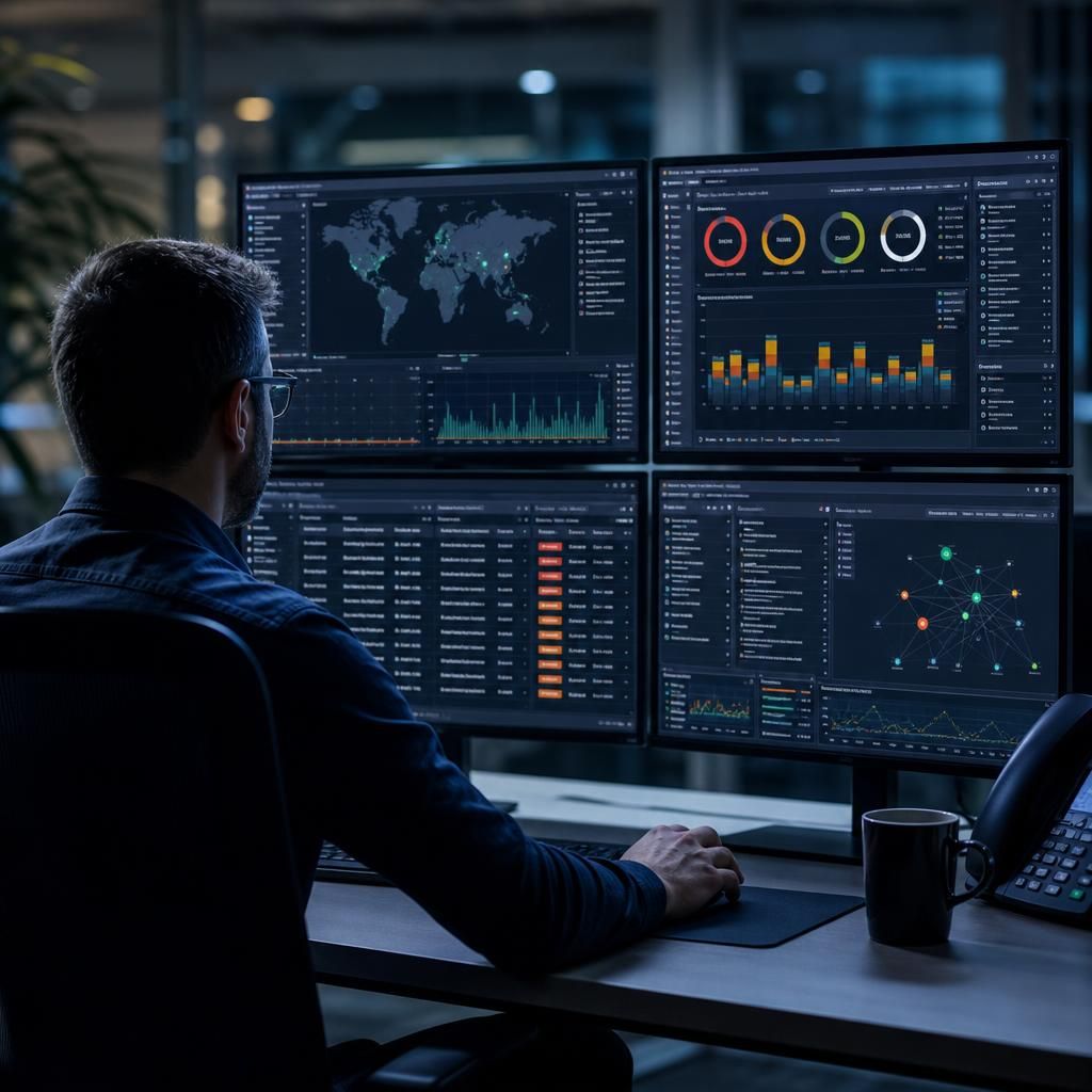 Security monitoring dashboard showing alerts, system activity and user events