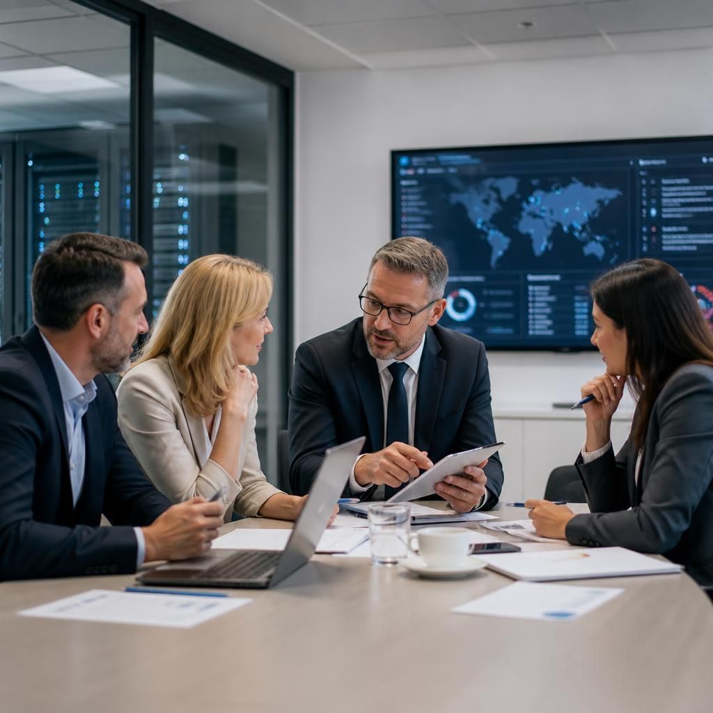 Multi-site business team discussing consistent cyber security controls