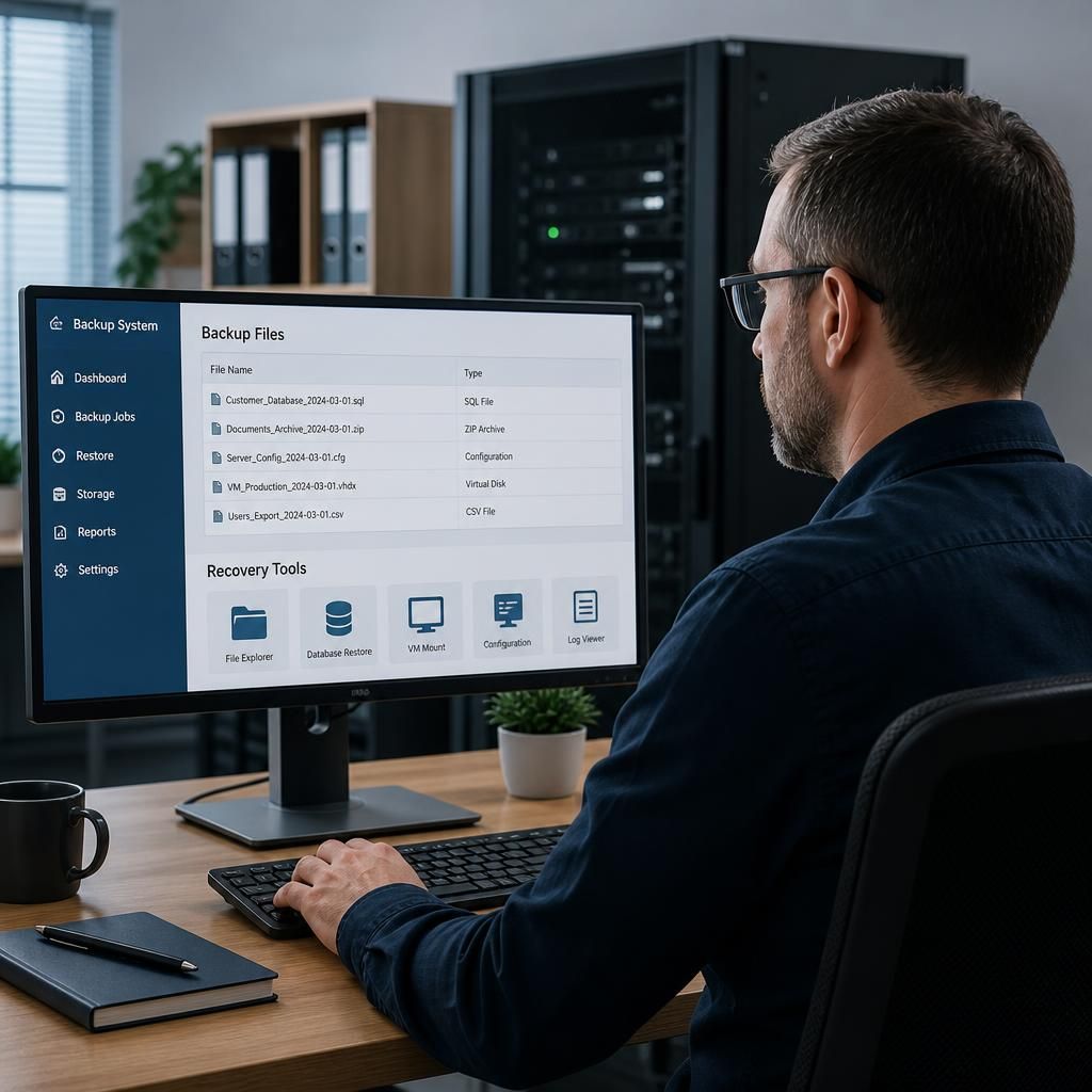 Backup files and recovery tools displayed on a computer monitor