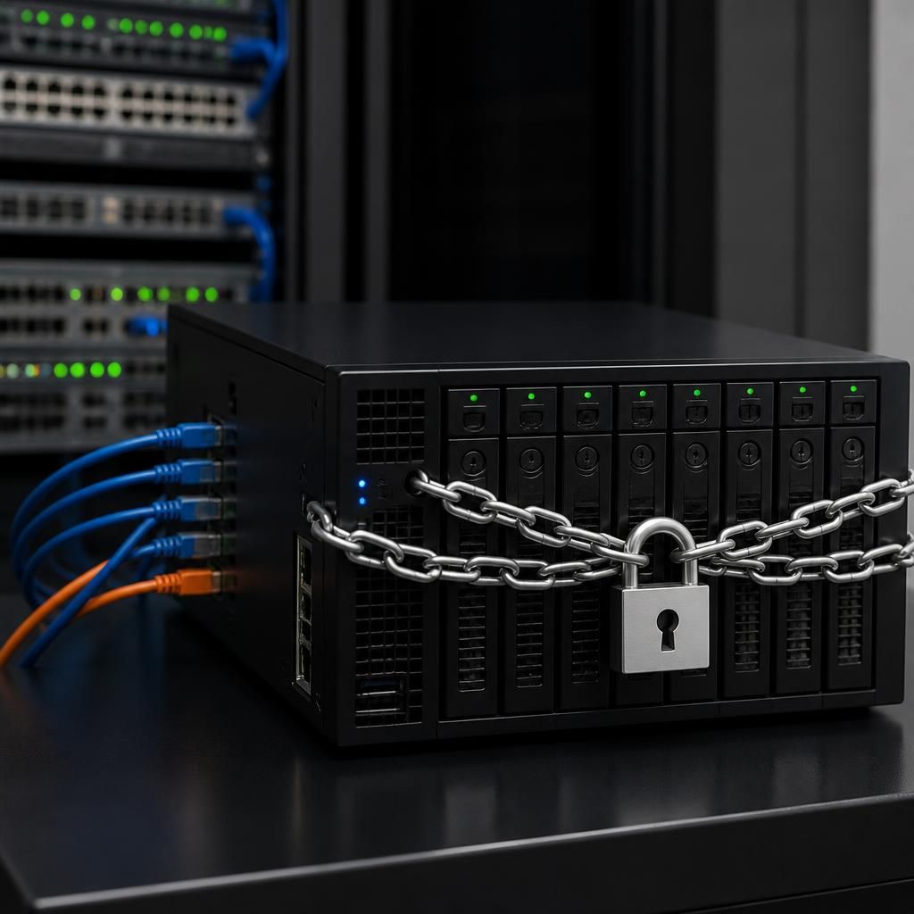 Isolated backup storage system with separate network connections and a padlock symbol