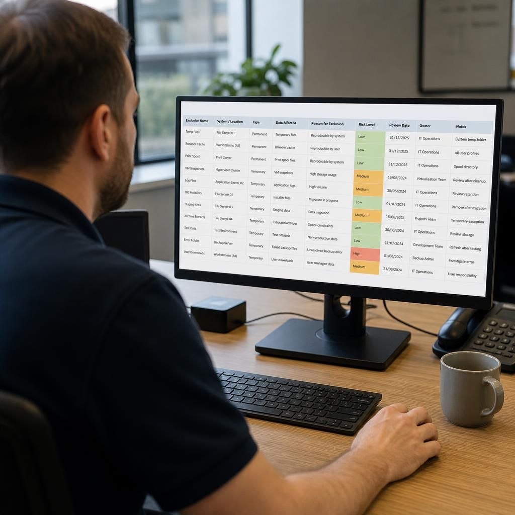 Technician reviewing a backup exclusion register on a computer screen