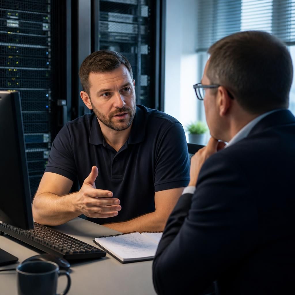 IT specialist discussing data recovery plans with a business client