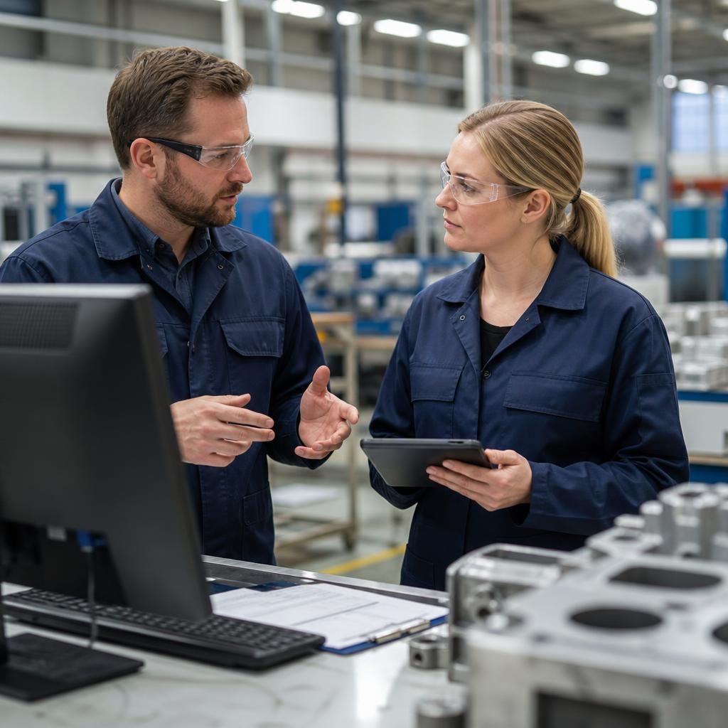 Manufacturing staff discussing recovery planning for operational systems