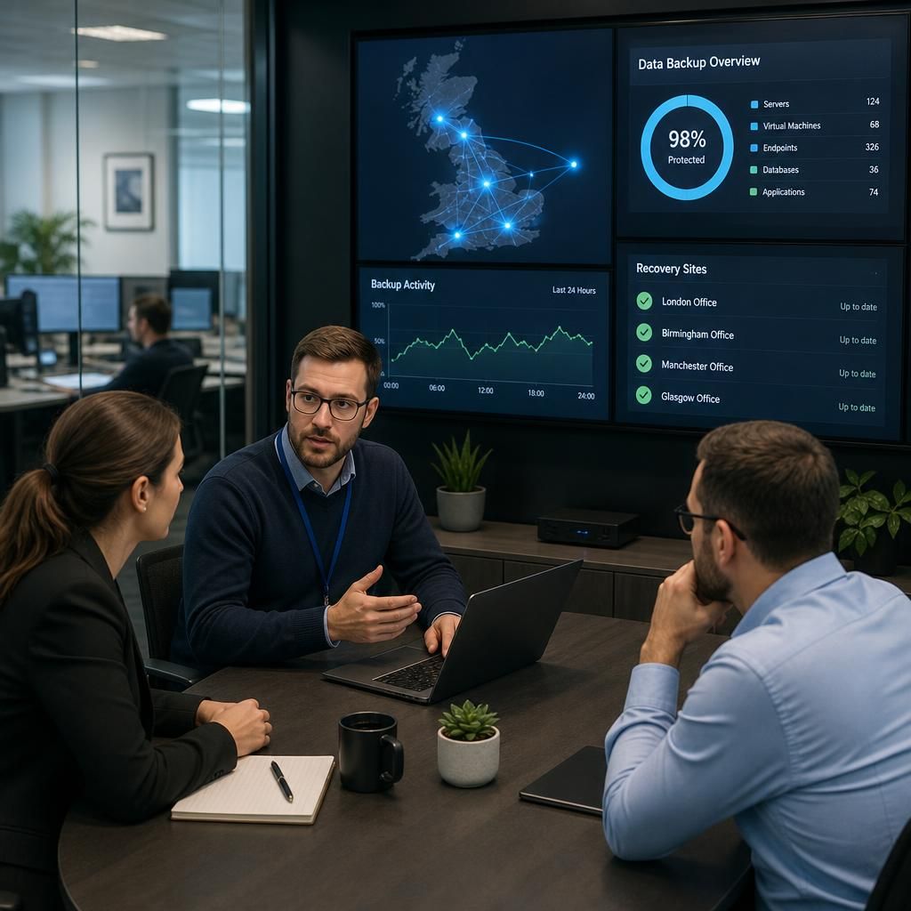 Business team coordinating data recovery requirements across multiple sites