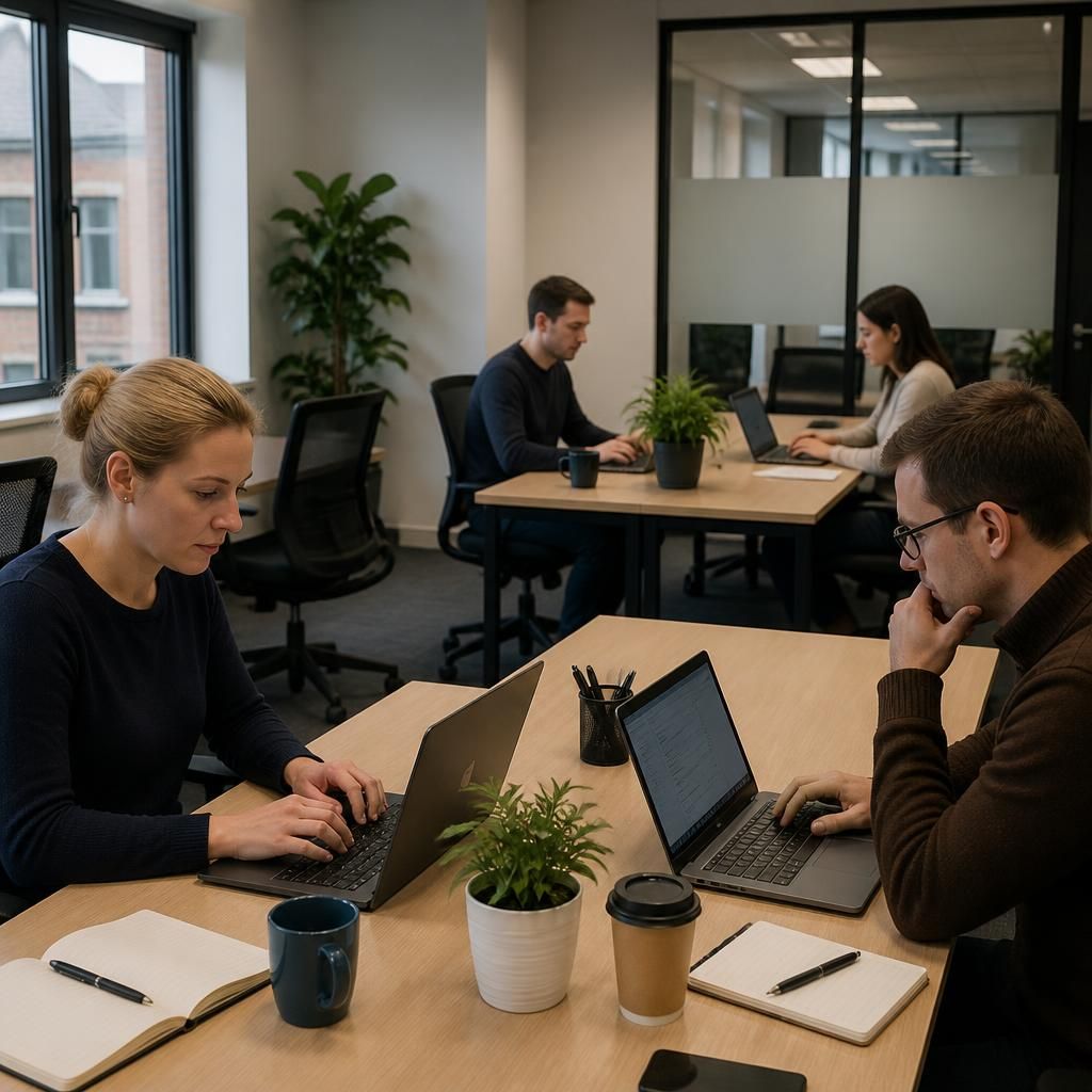 Employees working from laptops at an alternative office location