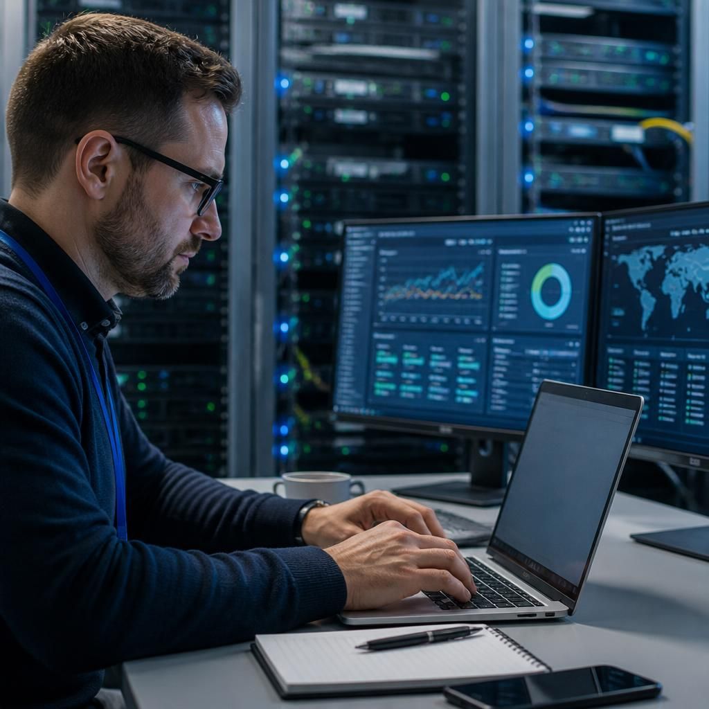 IT professional reviewing a disaster recovery plan on a laptop beside server monitoring screens